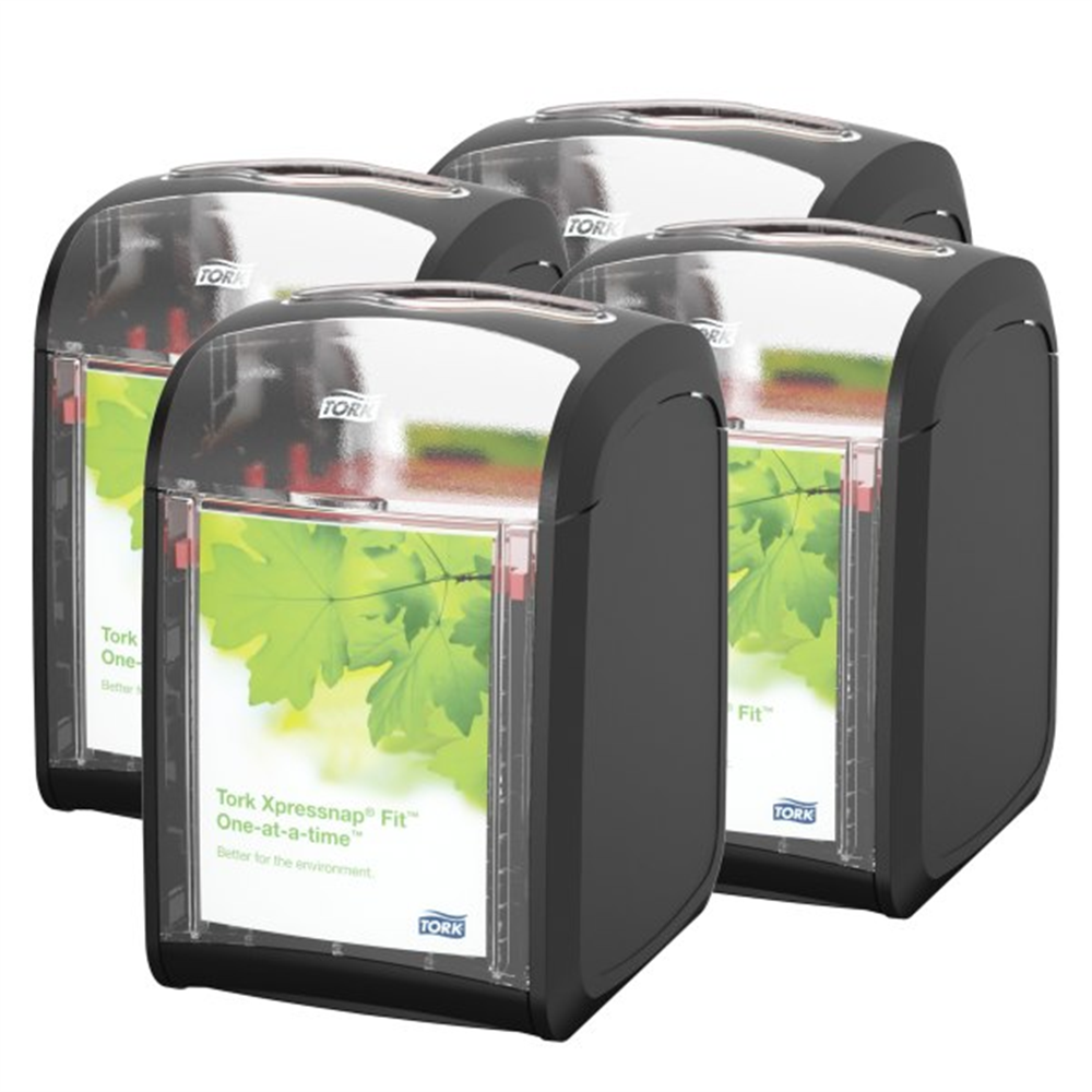 Four black napkin dispensers with transparent fronts displaying green leaf designs, arranged in a group. Tork Xpressnap Fit® Tabletop Napkin Dispenser (5.5 in. x 4.6 in. x 6.8 in., 4/Case)